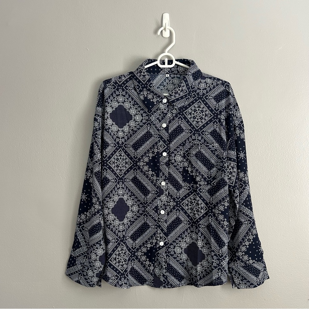 Navy Blue Patterned Button-Up Shirt